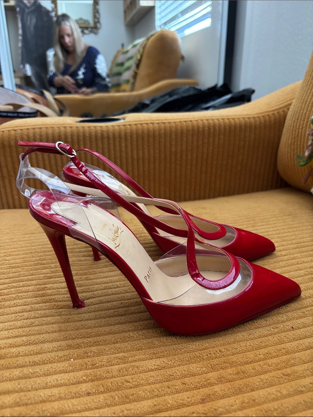 Christian Louboutin Optisexy Red Patent Slingback Strappy Pointed Heels - Picture 2 of 7